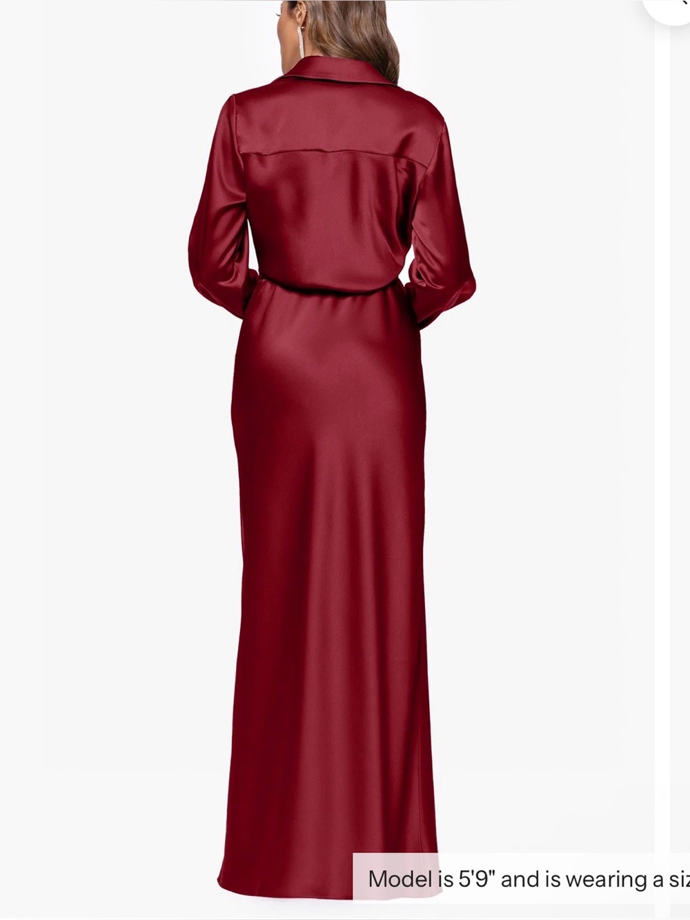 XSCAPE EMERY" SATIN LONG SLEEVE COLLARED DRESS Wrap Satin Shirt Sz 4 color wine - Picture 5 of 12